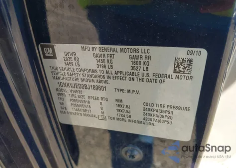 2011 Chevrolet Traverse 2Lt из США, поврежденный, VIN 1GNKVJED3BJ189601